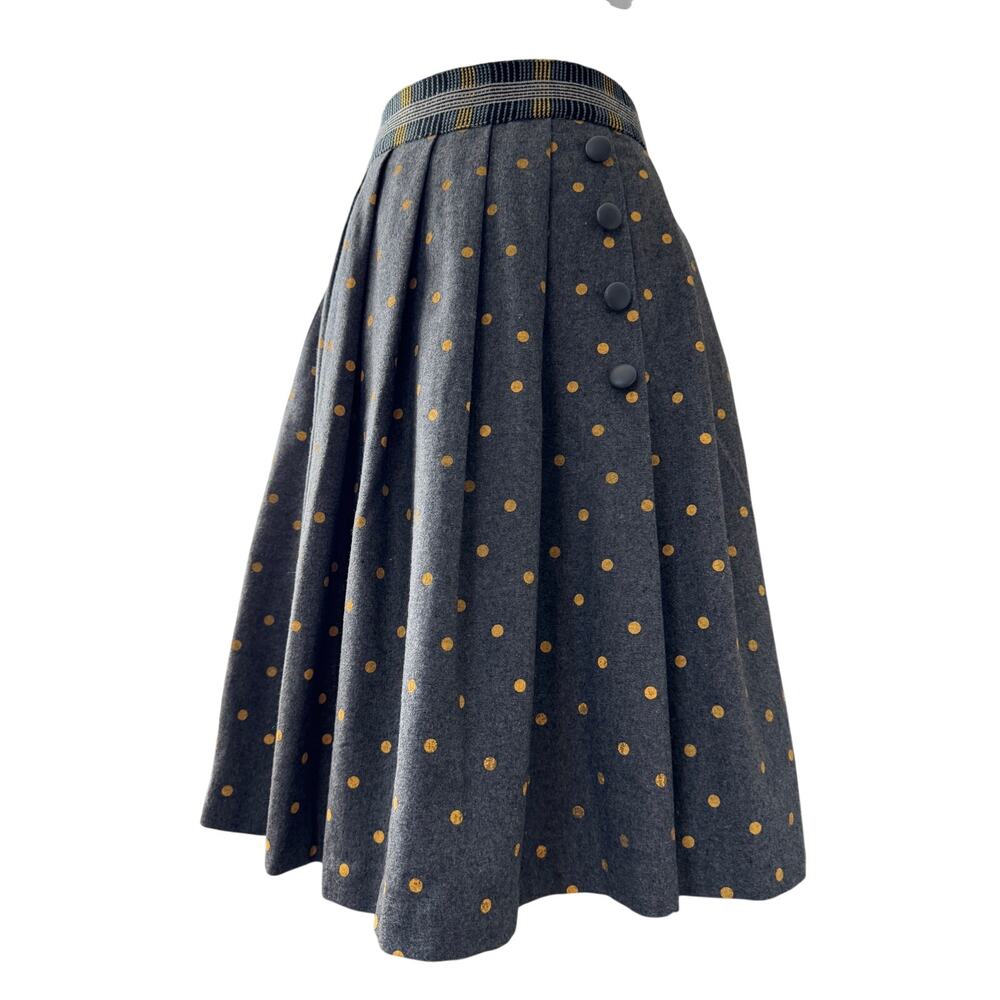 Plenty by Tracy Reese Gray & Yellow Polka Dot Wool Pleated A-Line Midi Skirt